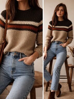 VTG Youngbloods Striped Knit Sweater Brown Rust Tan S Small Western Retro